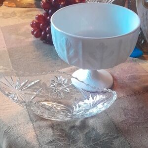 Elegant White Milk Glass Compote and Clear Glass Serving Set